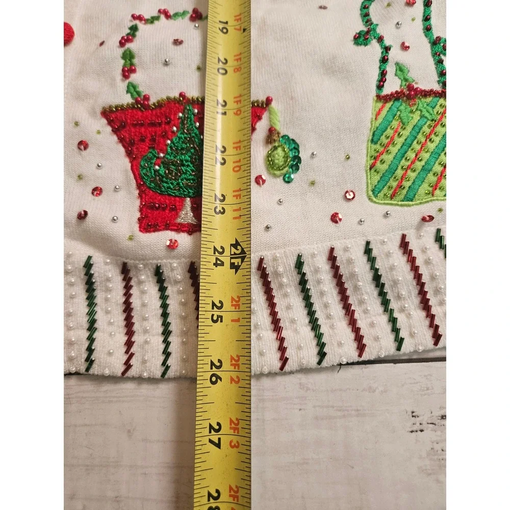 Berek Christmas Cardigan Sweater XL White Beaded Holiday Handbags Embroidery